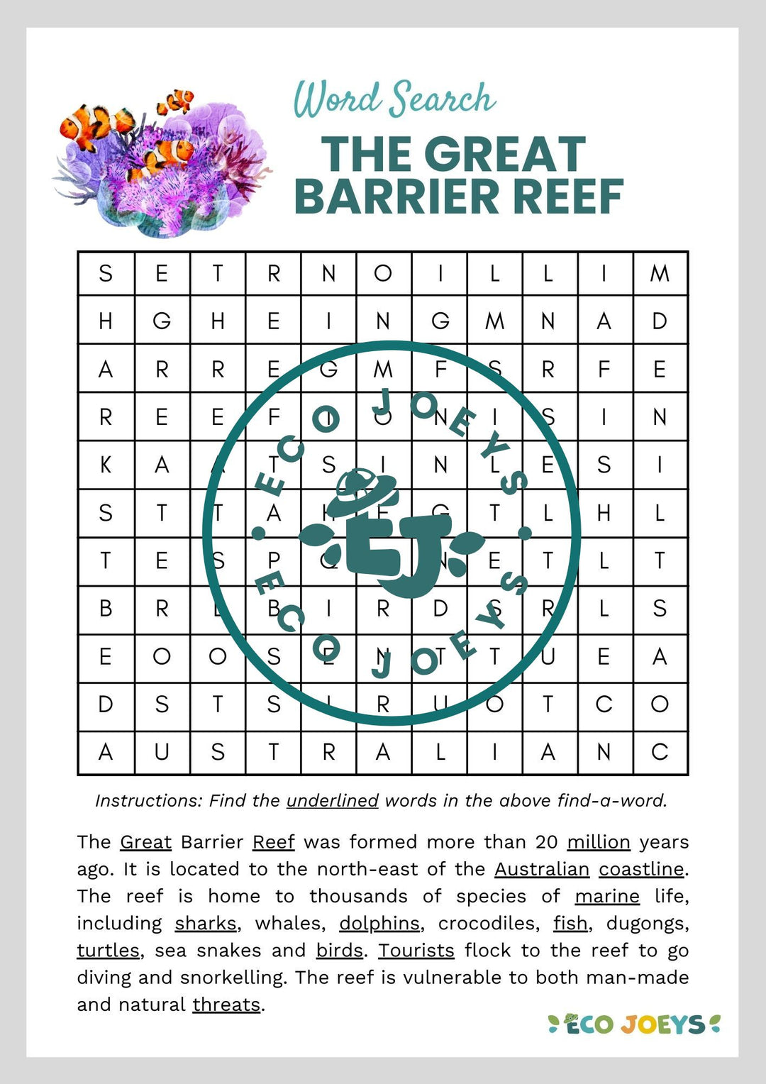 Kids Word find Great Brrier Reef Ocean wordfind search