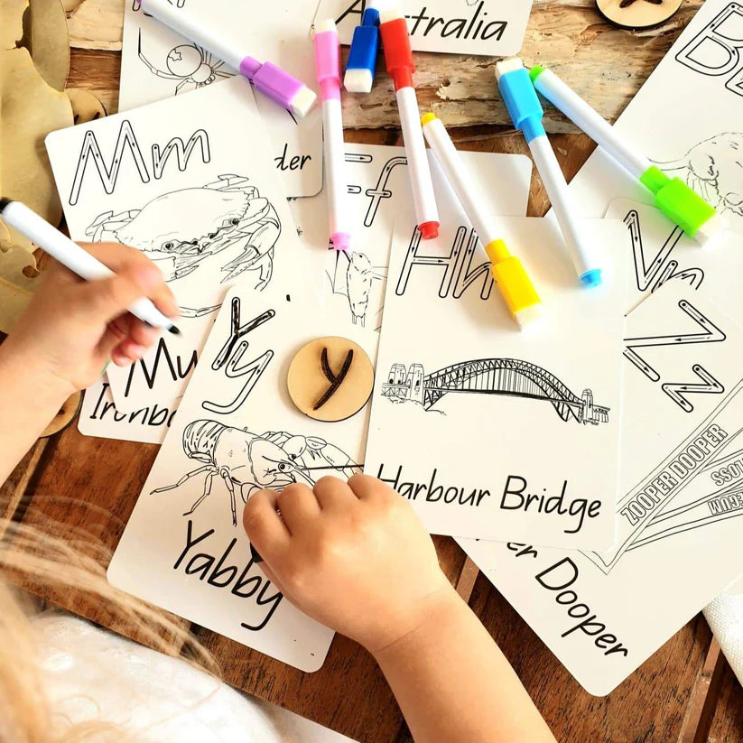 Alphabet animal names writing kids Australia ABC colouring cards Hey Doodle reusable lileve lil eve