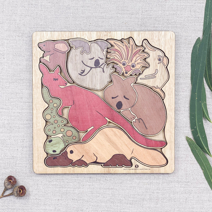 Australia animals puzzle wood wooden kids preschool educational wildlife kangaroo koala wombat platypus echidna bilby snake cockatoo