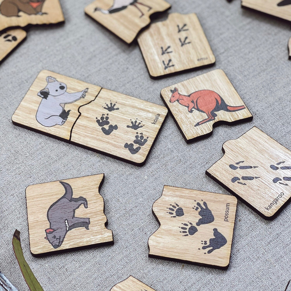 Australian animal tracks dominoes kids game wooden Buttonworks