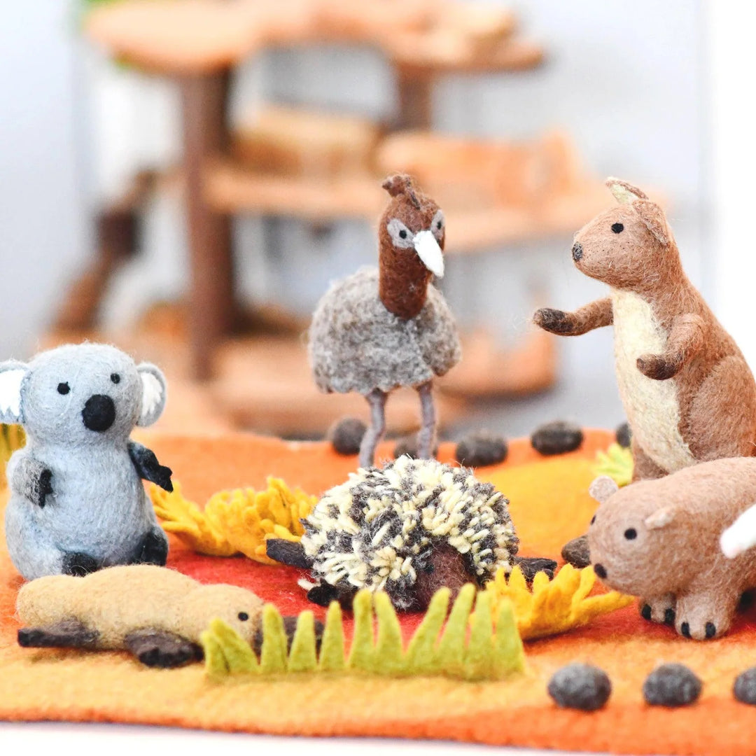 Australian animals toys Australia Bluey koala echidna wombat kangaroo outback wildlife sensory play felt figurines Tara Treasures