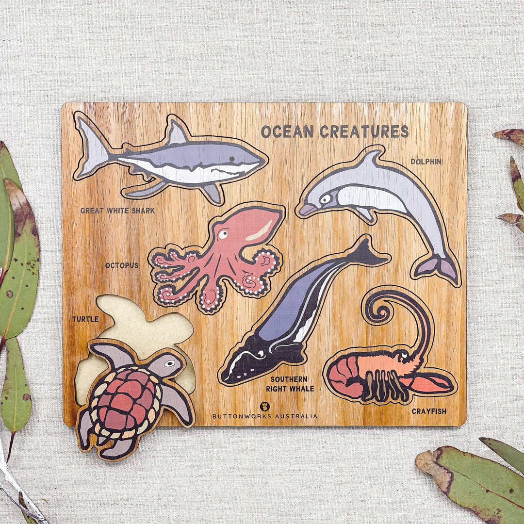 Australian native animal sea ocean turtle dolphin whale shark octopus wooden puzzle Buttonworks wooden