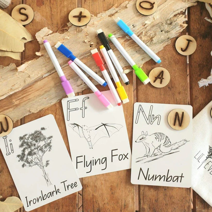 Kids Australia colouring alphabet ABC cards reusable animals Australian wildlife kangaroo shark
