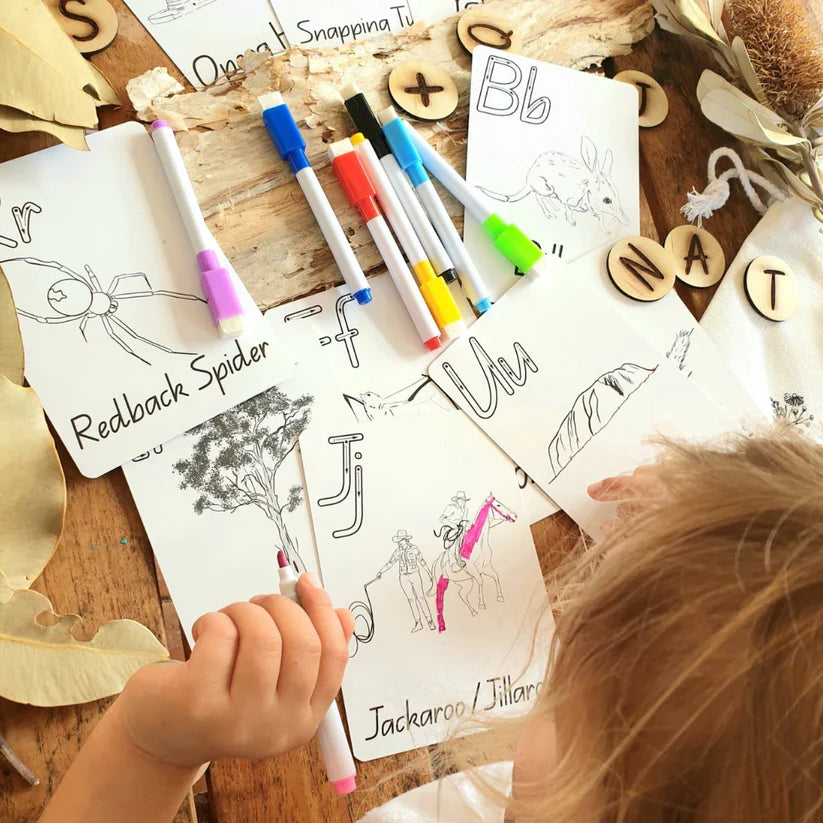 lil eve Australia colour wipe clean alphabet cards reusable colouring mat Hey Doodle Australian animals bilby koala numbat