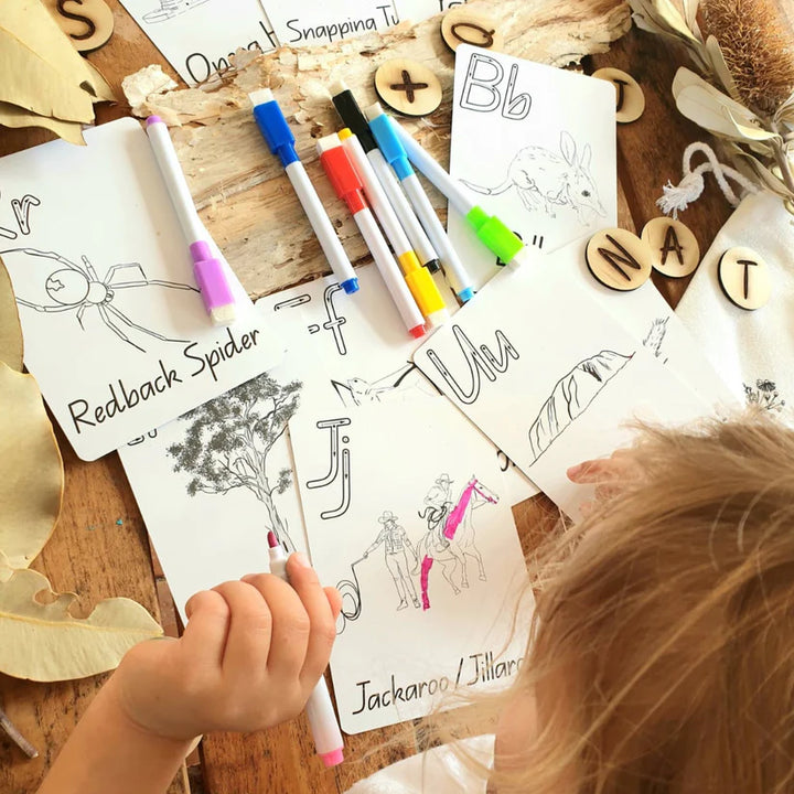 lil eve Australia colour wipe clean alphabet cards reusable colouring mat Hey Doodle Australian animals bilby koala numbat