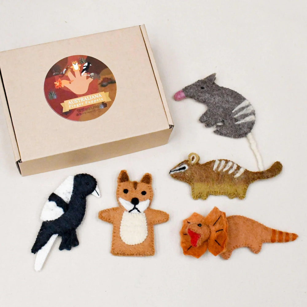 SET G australian outback animals finger puppets tara treasures dingo puppet numbat bandicoot magpie lizard sensory play