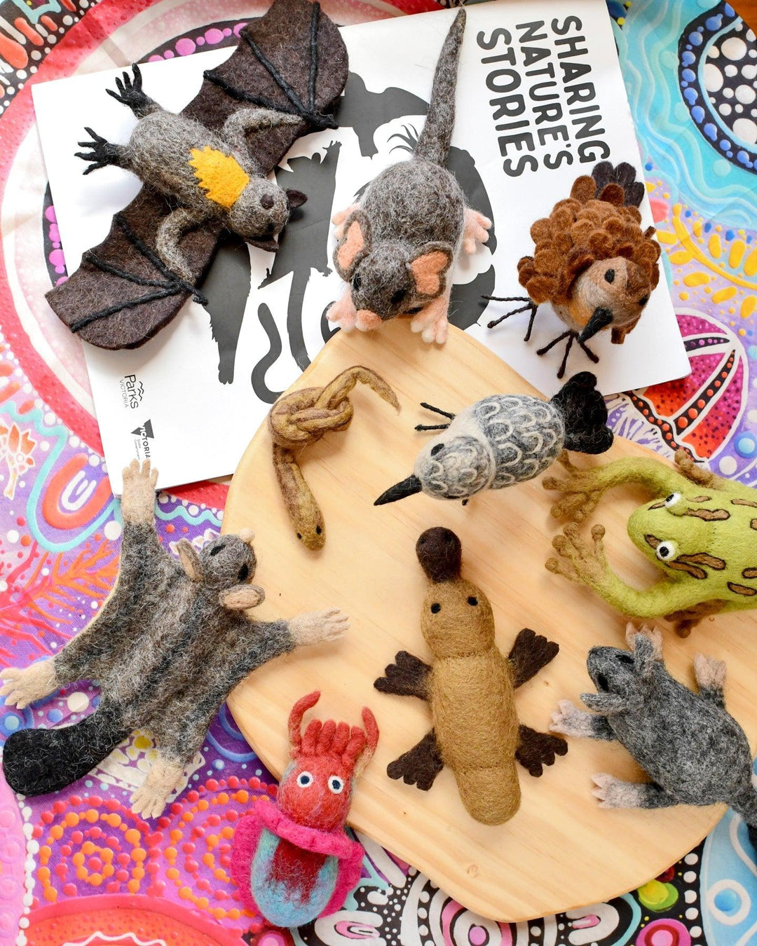 Victoria National Parks nature mascots Australia eco friendly animal toys possum frog mallee fowl snake bat flying fox platypus phascogal kids