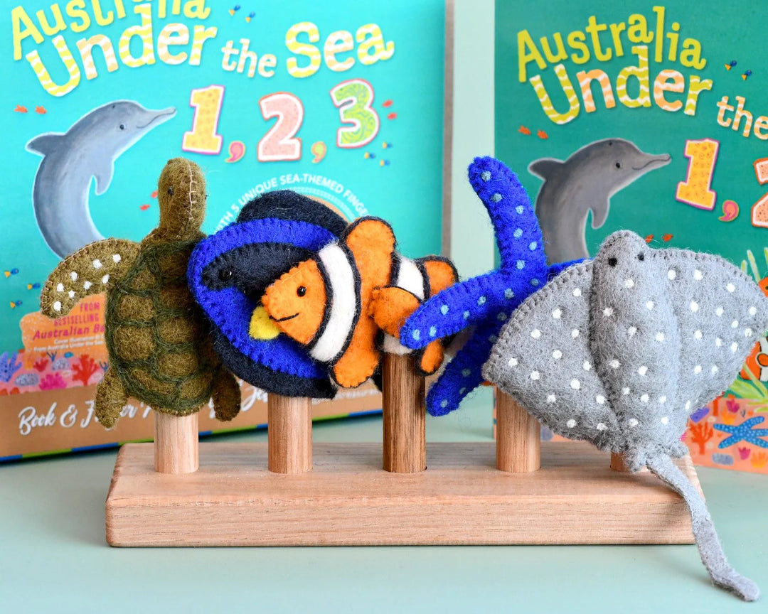 book finger puppet set australia under the sea fish shark ray whale dolphin nemo clownfish barrier reef frane lessac