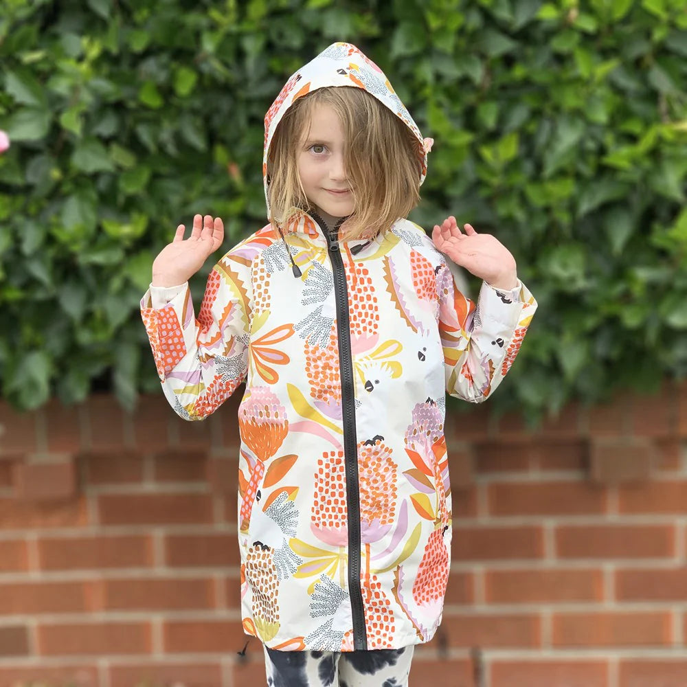 kids raincoat Australia rain jacket waterproof hood toddler preschool kinder Aussie animals cockatoos banksia flowers floral Monster Threads Jocelyn  Proust