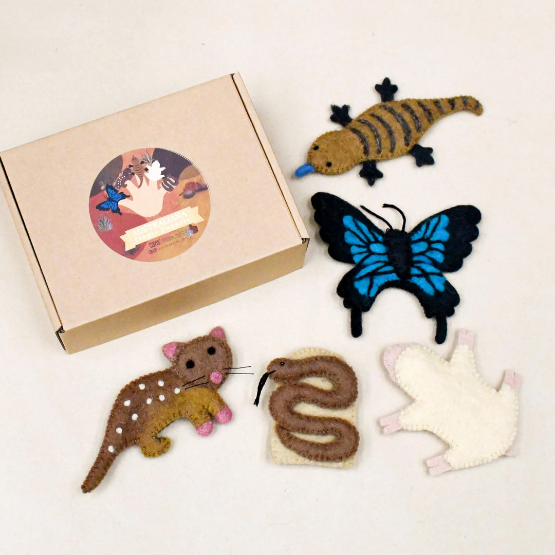 tara treasures finger puppets Australia native animals wildlife quoll snake puppet butterfly blue tongue lizard